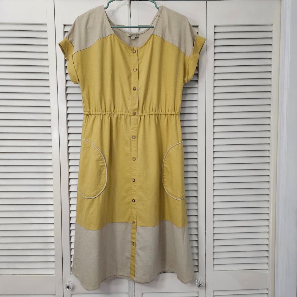 POLAGRAM Linen Blend Colorblock Midi Dress L Yellow Beige TradWife Cottage Flaw